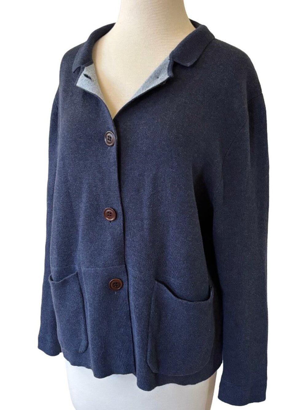 Poetry Button-Front Double Knit Cardigan Jacket Dark Blue Organic Cotton Sz 10
